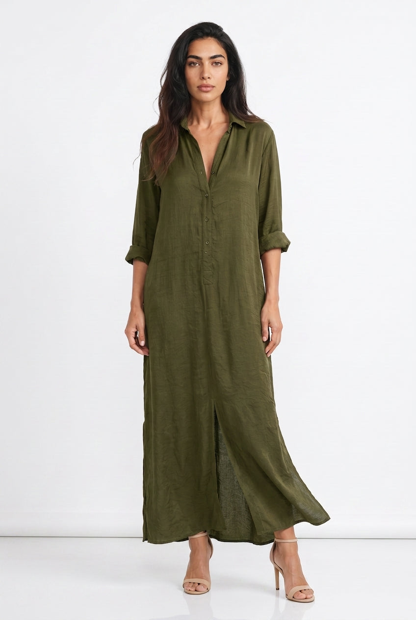 Women's Linen Shirt Dress – Long Sleeve Maxi Dress with Buttons