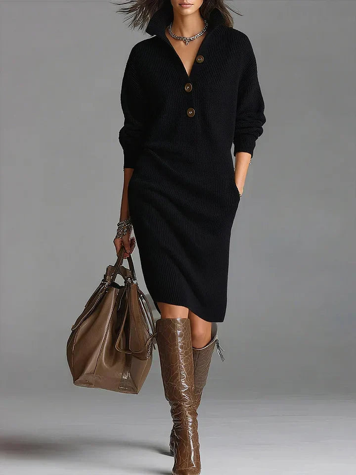 Women's Ribbed Knit Sweater Dress – Collared Button Midi Dress