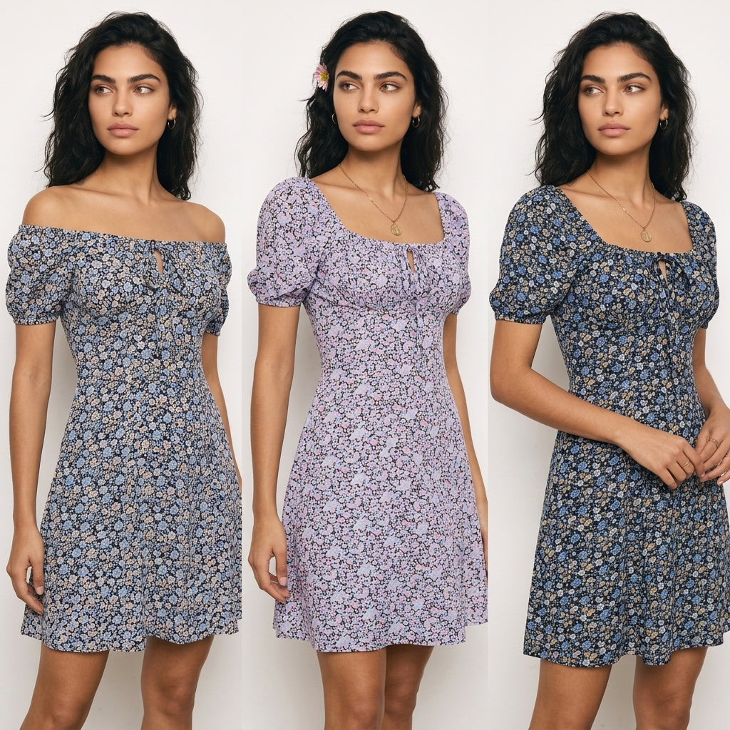 Women's Ditsy Floral Mini Dress – Square Neck Puff Sleeve