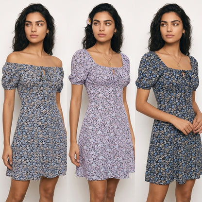 Women's Ditsy Floral Mini Dress – Square Neck Puff Sleeve