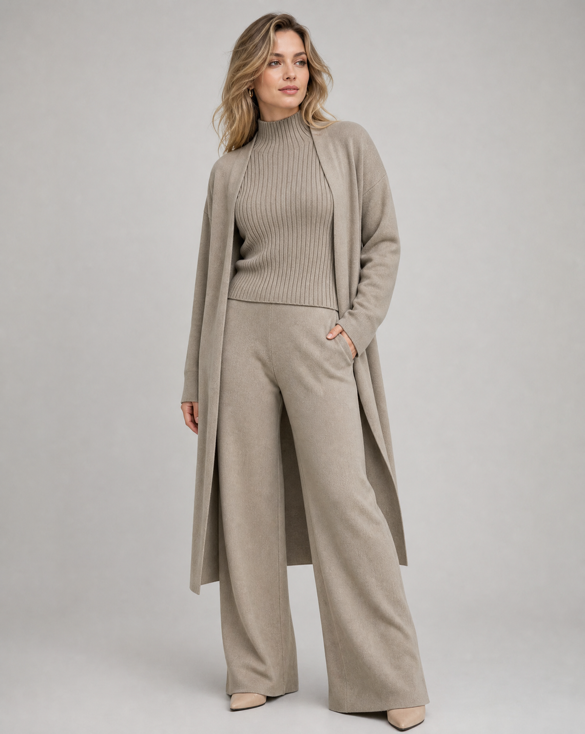 Women's Knit Co-ord Set – Longline Cardigan, Jumper & Wide Leg Trousers