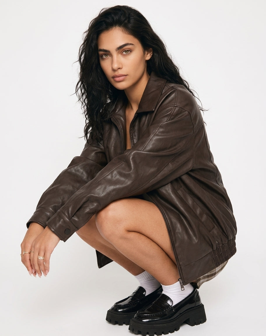 Brown Oversized Leather Bomber Jacket Women | Faux Leather Zip Up Aviator Jacket