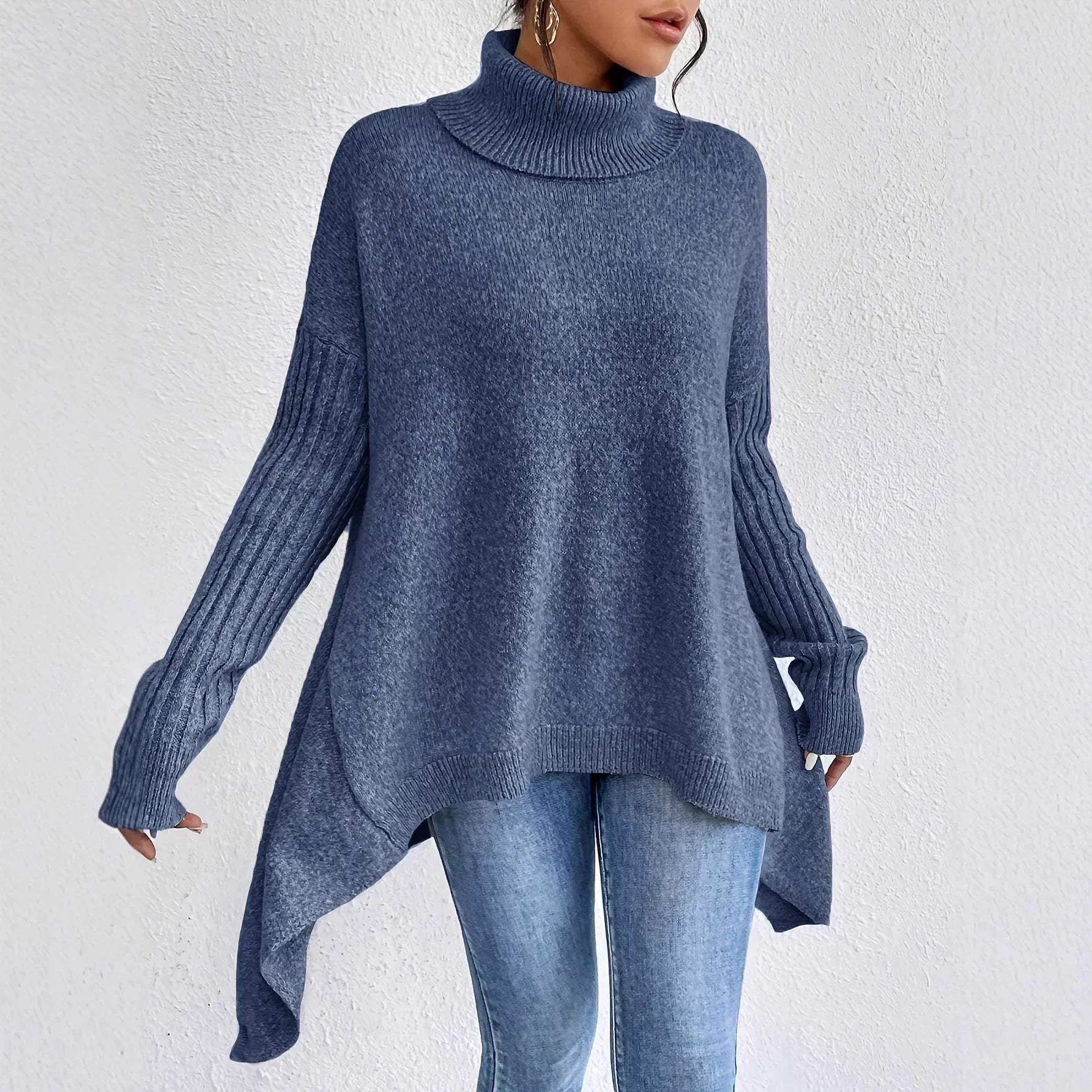 Women's Oversized Knit Turtleneck Jumper – Asymmetric Hem