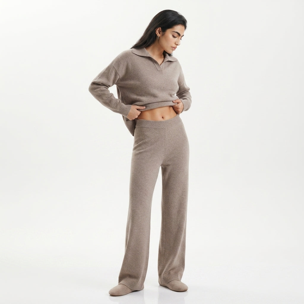 Women's Knitted Co-ord Set – Polo Collar & Wide Leg Trousers