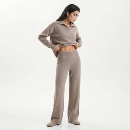 Women's Knitted Co-ord Set – Polo Collar & Wide Leg Trousers