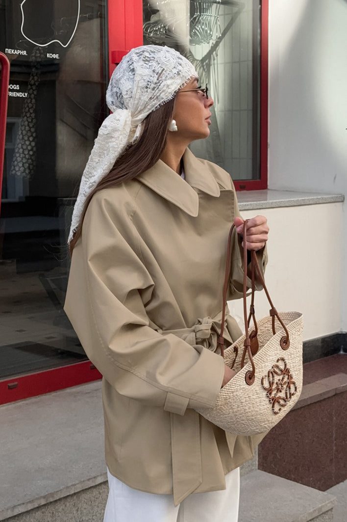 Women's Camel Belted Trench Jacket – Point Collar Short Coat