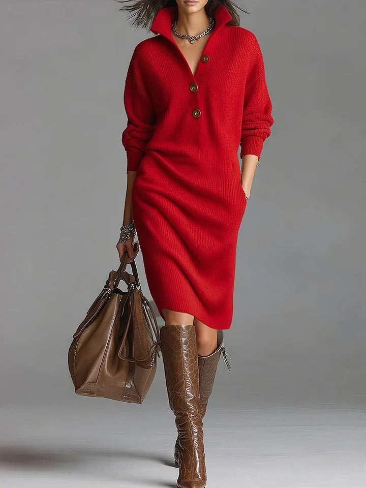 Women's Ribbed Knit Sweater Dress – Collared Button Midi Dress