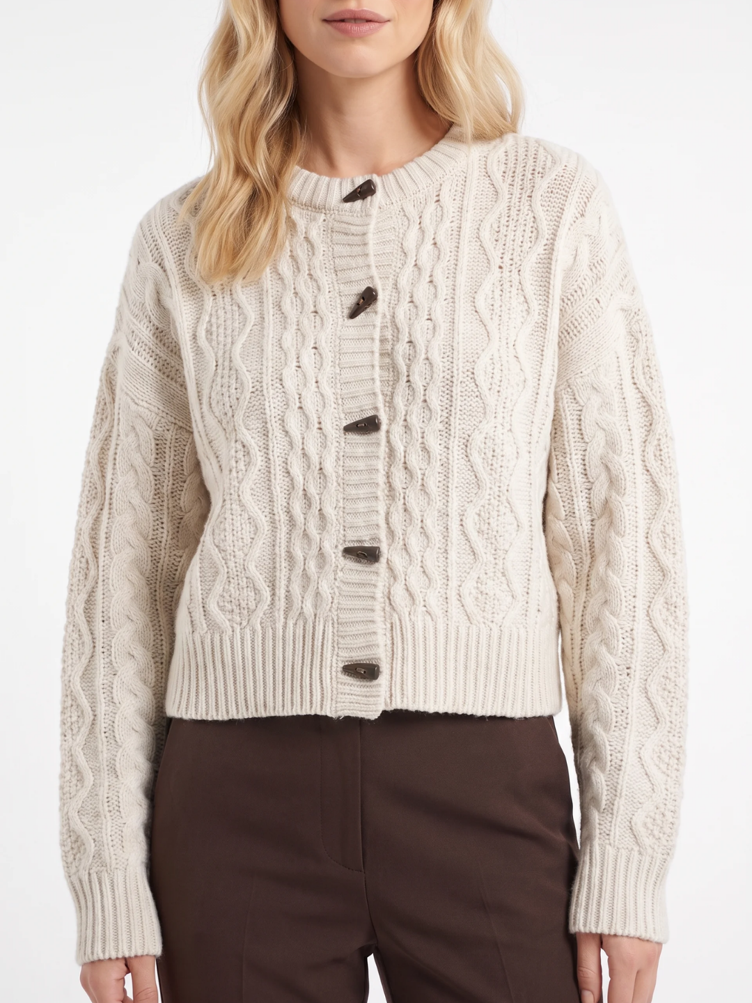 Women's Cable Knit Cropped Cardigan – Button Front Winter Knitwear