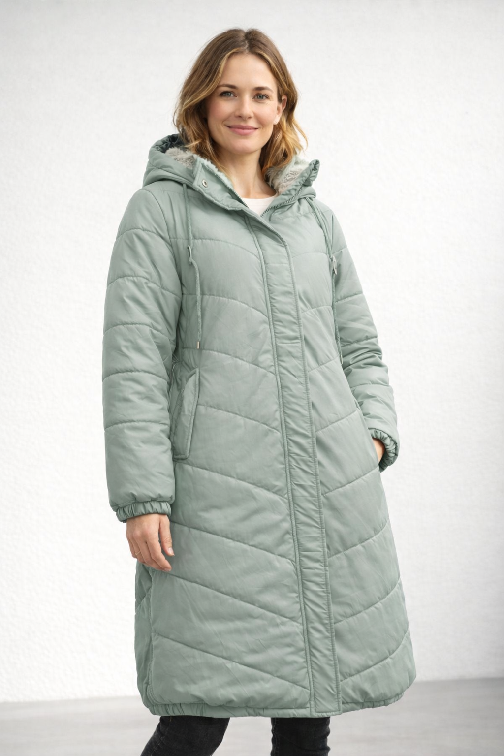 Women's Navy Quilted Longline Coat with Faux Fur Hood