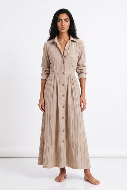 Women's Button-Front Maxi Shirt Dress – A-Line Long Sleeve