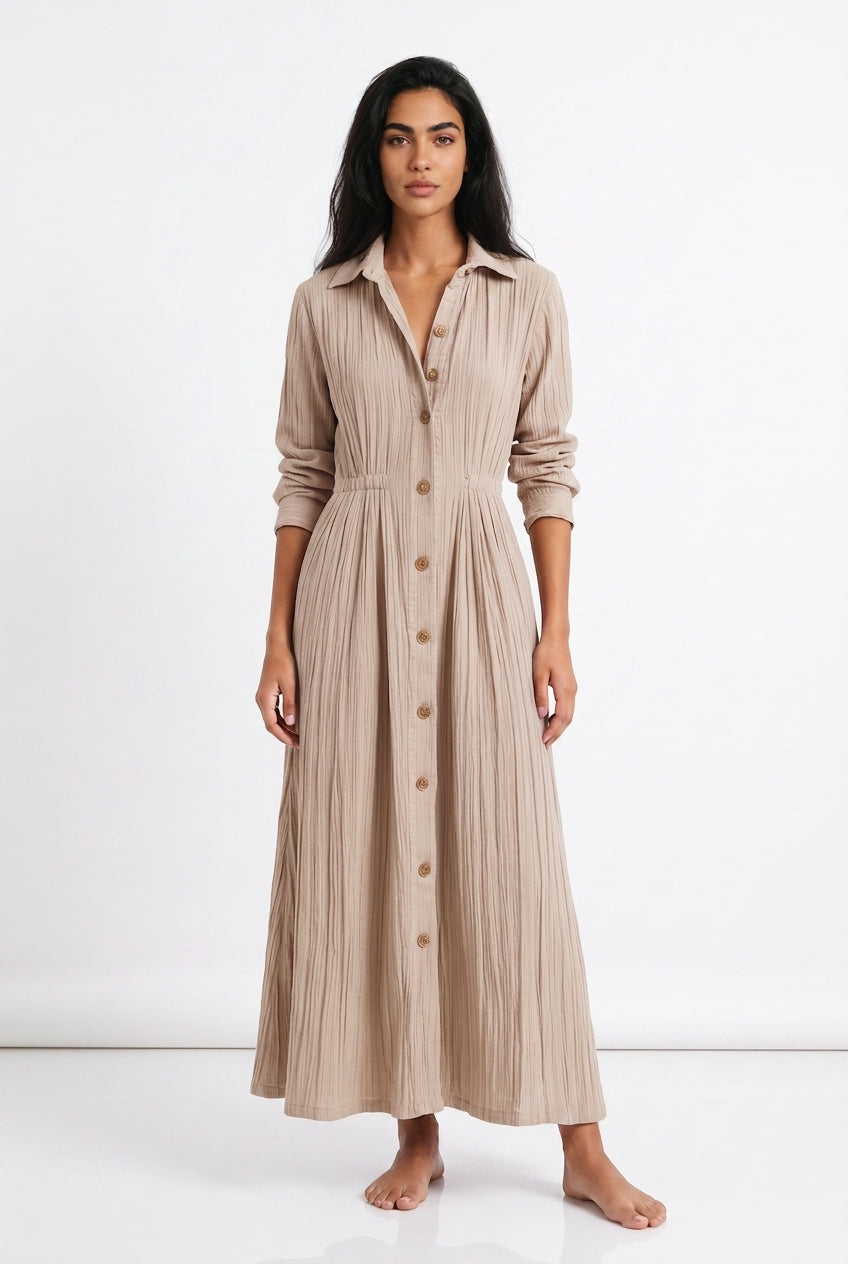 Women's Button-Front Maxi Shirt Dress – A-Line Long Sleeve