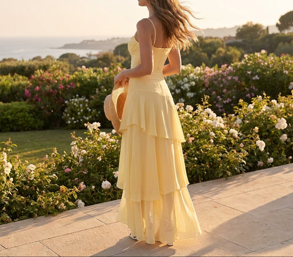Ruffle Halter Maxi Dress V-Neck Tiered Chiffon Yellow Black