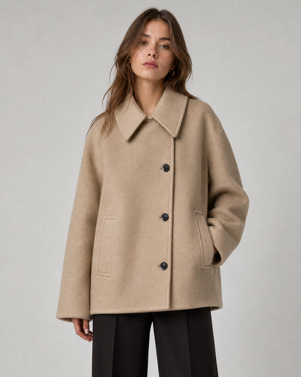 Women's Camel Wool-Blend Oversized Short Coat Jacket