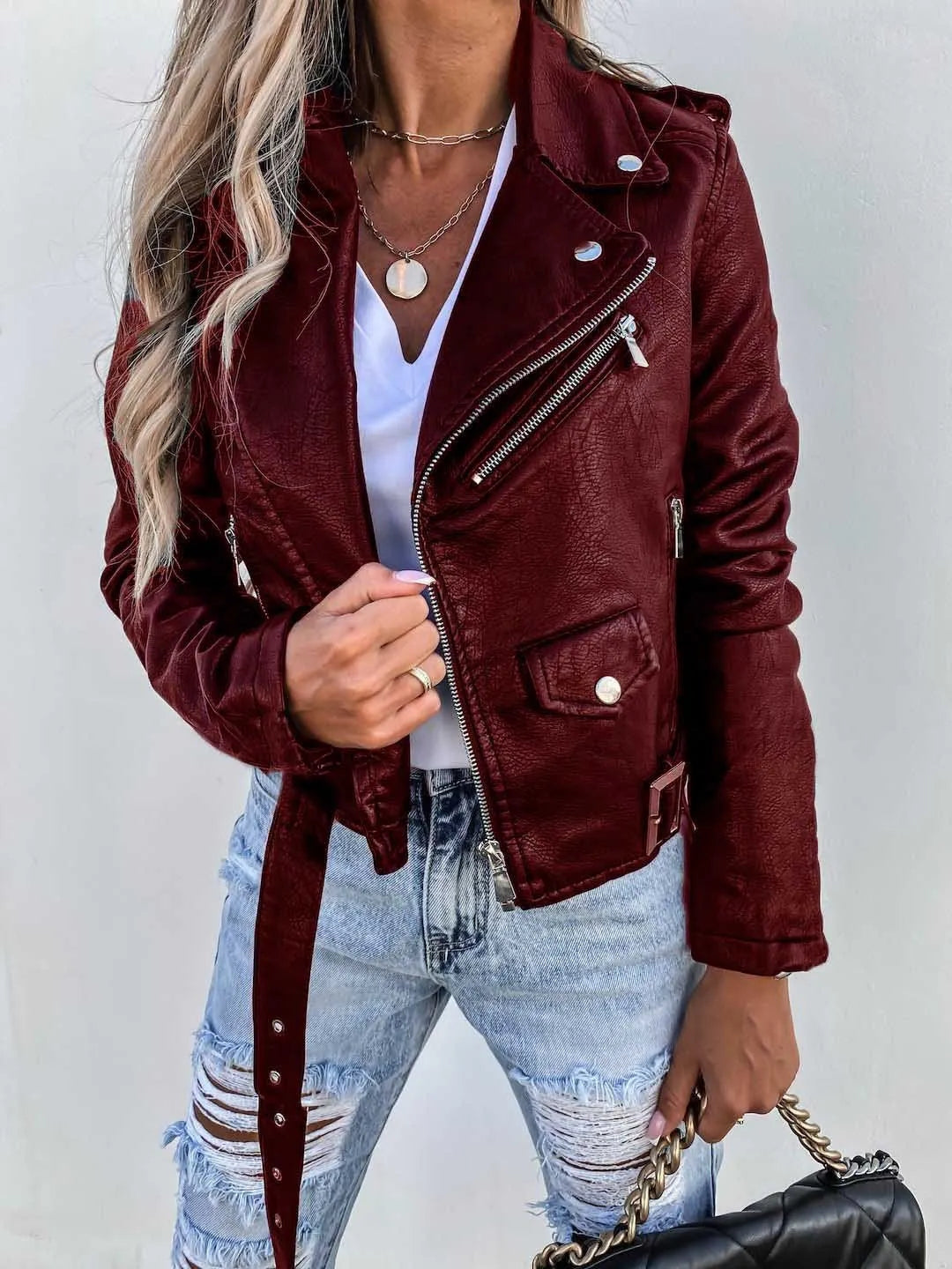 Women's Faux Leather Biker Jacket – Zip Front Moto Jacket