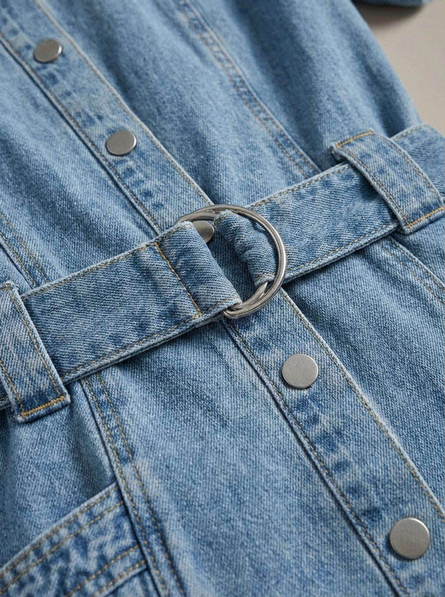 Women's Denim Mini Dress – Belted Puff Sleeve Shirt Dress