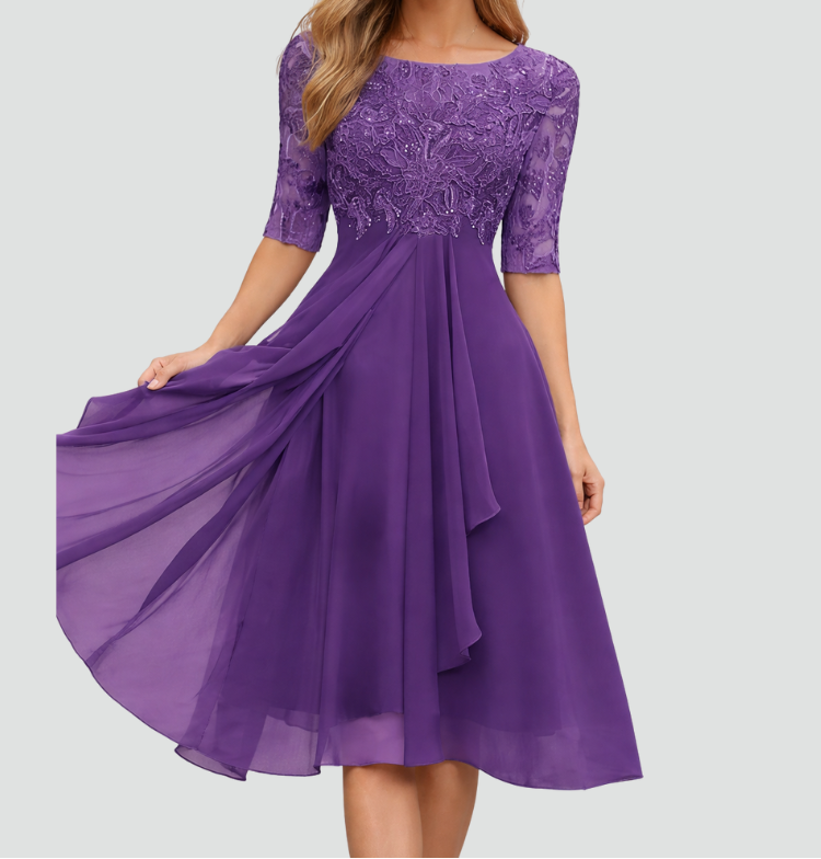 Women's Lace Bodice Midi Dress – Chiffon A-Line Party Dress