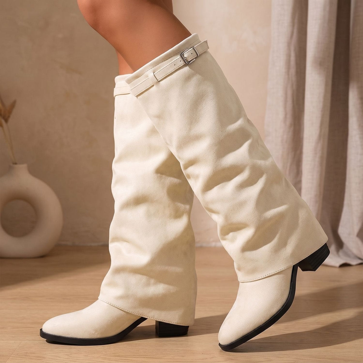 Women's Slouch Knee-High Block Heel Boots – Beige