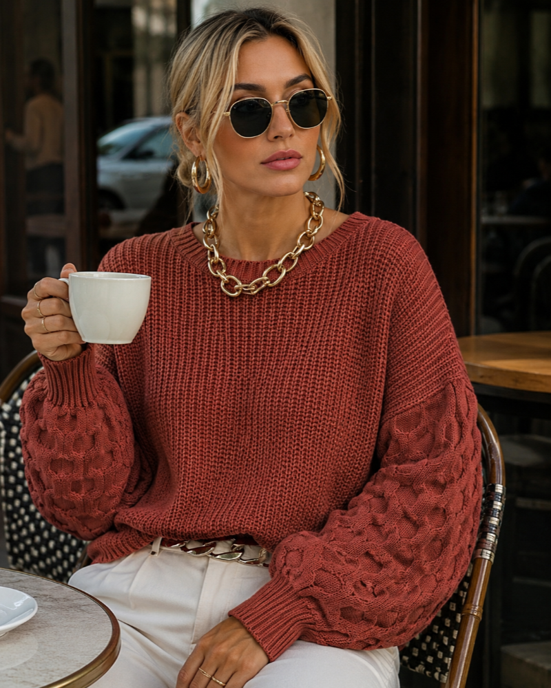 Women's Chunky Knit Jumper – Bubble Sleeve Round Neck