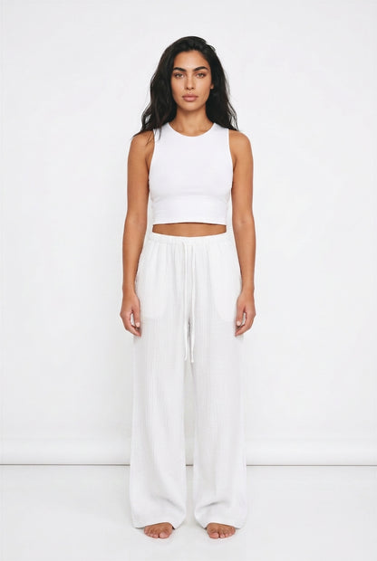 Women's Wide Leg Linen-Look Trousers – Elasticated Waist Relaxed Fit