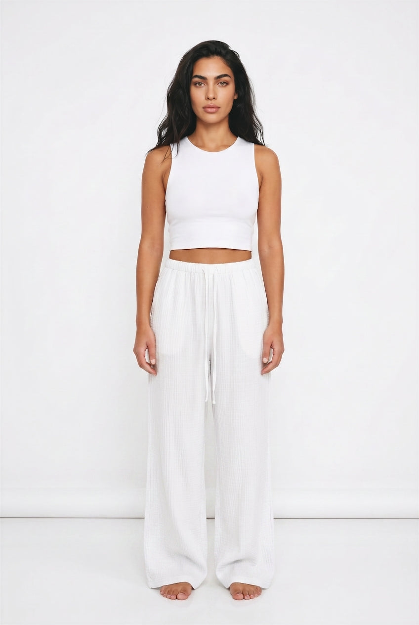 Women's Wide Leg Linen-Look Trousers – Elasticated Waist Relaxed Fit