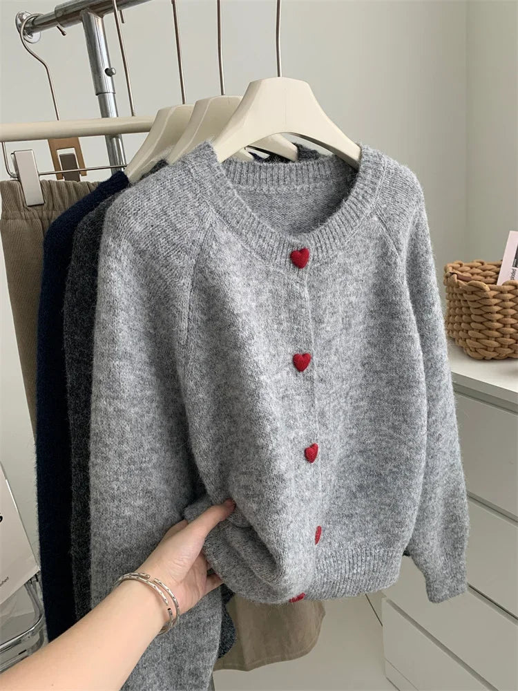 Women's Knit Cardigan – Heart Button Round Neck