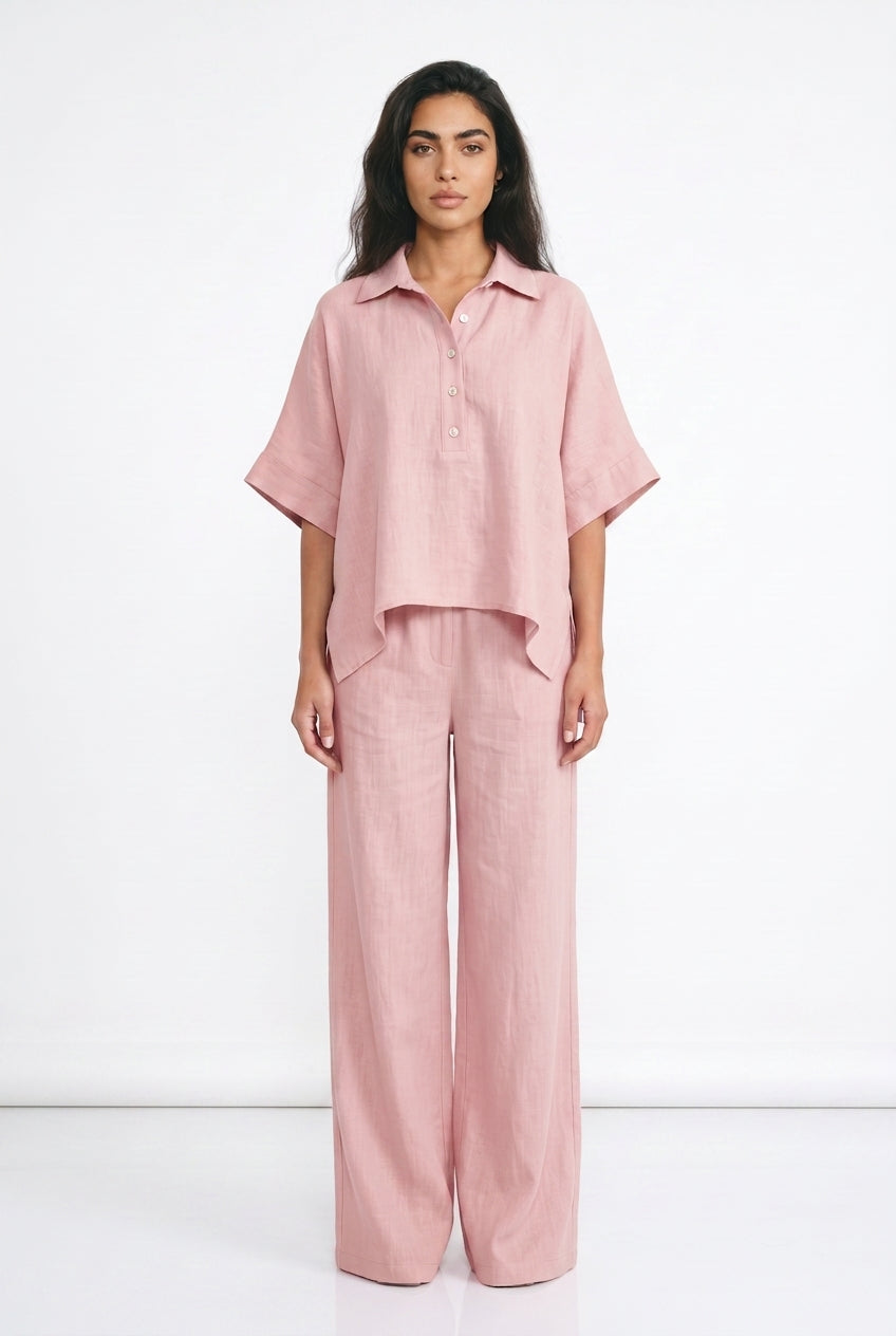 Women's Linen-Look Co-ord Set – Oversized Top & Wide Leg Trousers