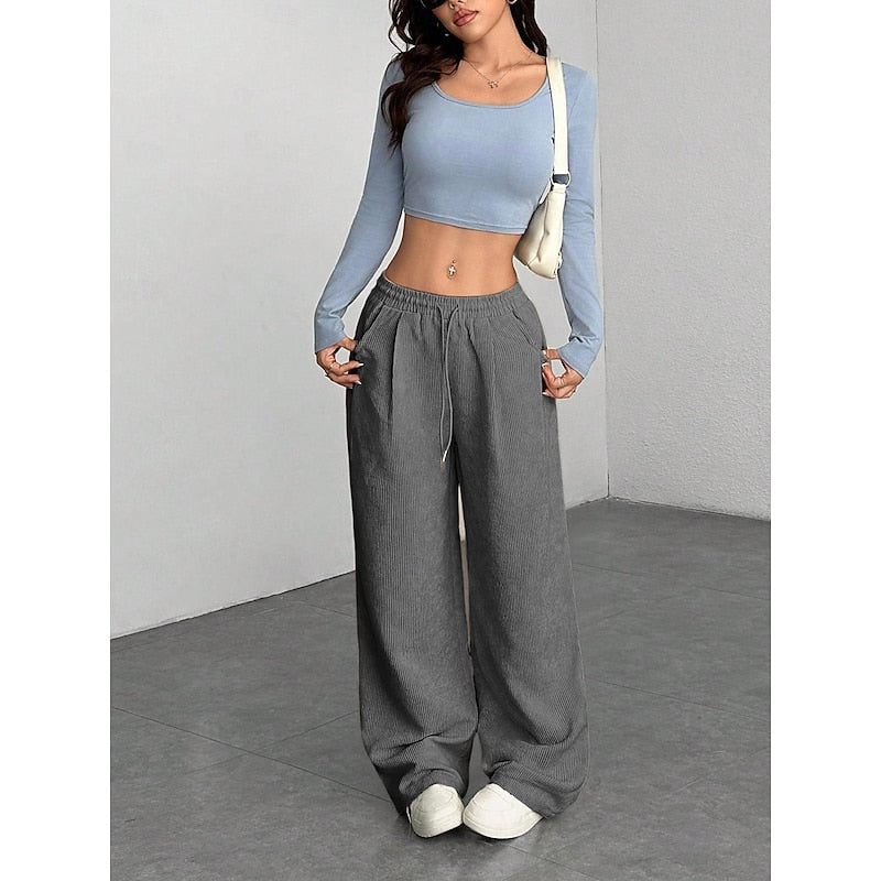 Women's Corduroy Wide Leg Trousers with Drawstring Waist