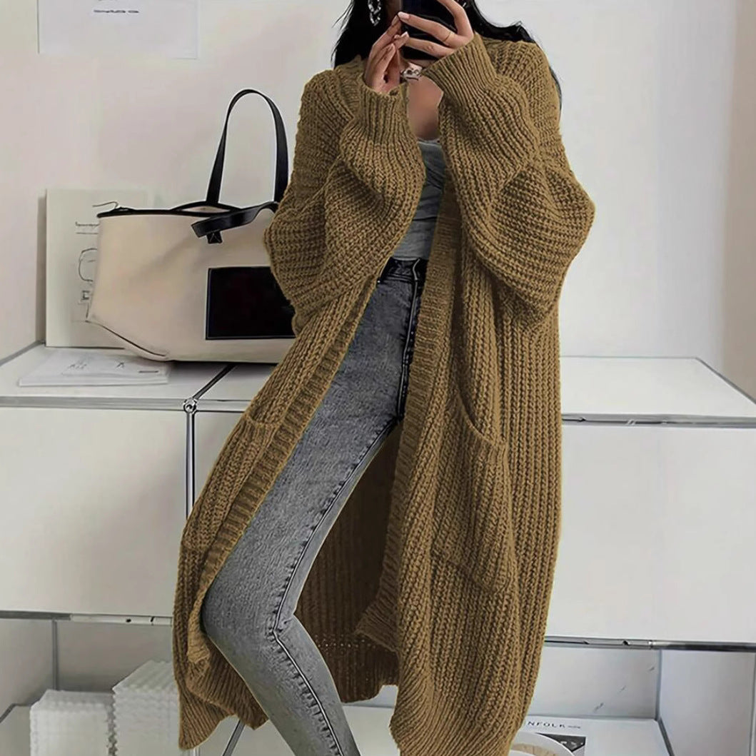Women's Chunky Knit Longline Cardigan – Open Front with Pockets