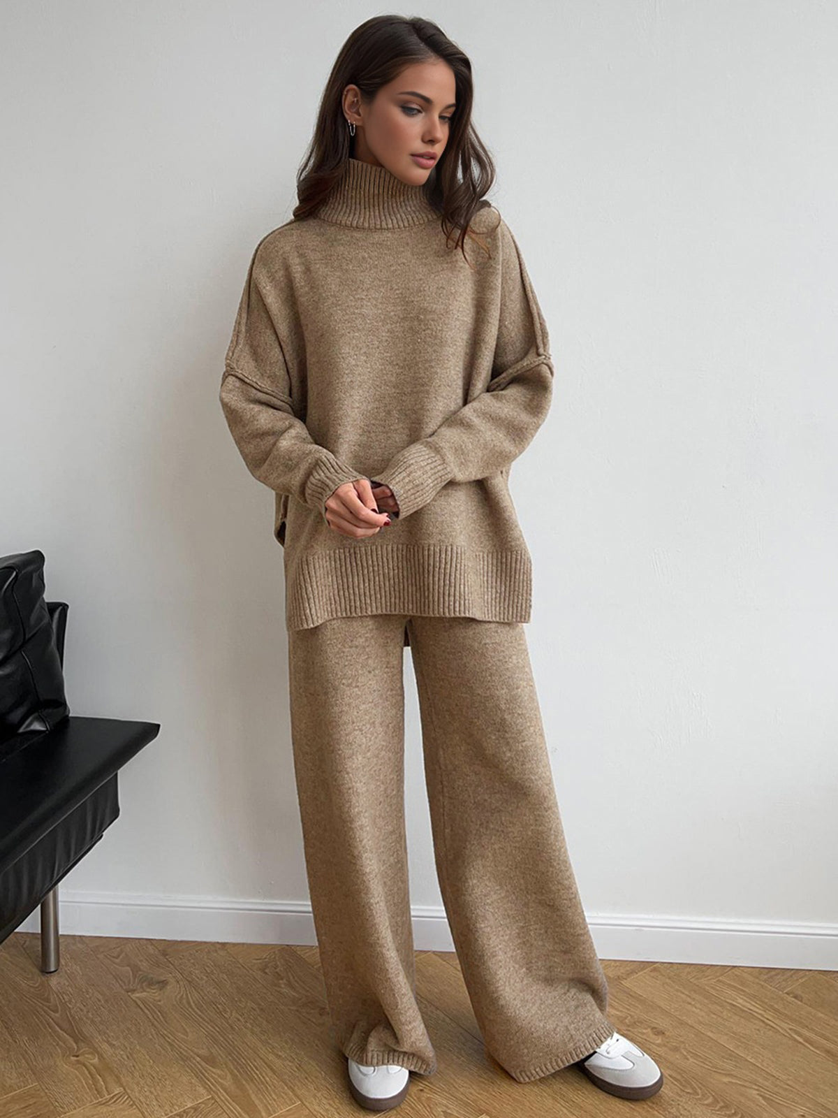 Women's Knitted Co-ord Set – Roll Neck Jumper & Wide Leg Trousers