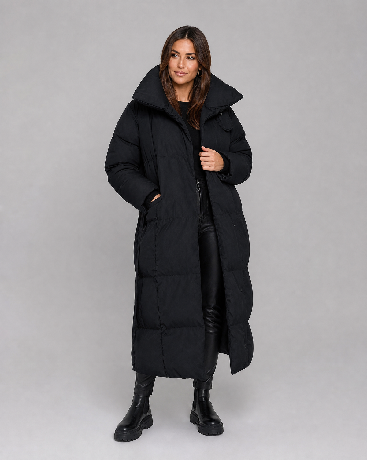 Women's Longline Puffer Coat – Oversized Collar Quilted Jacket