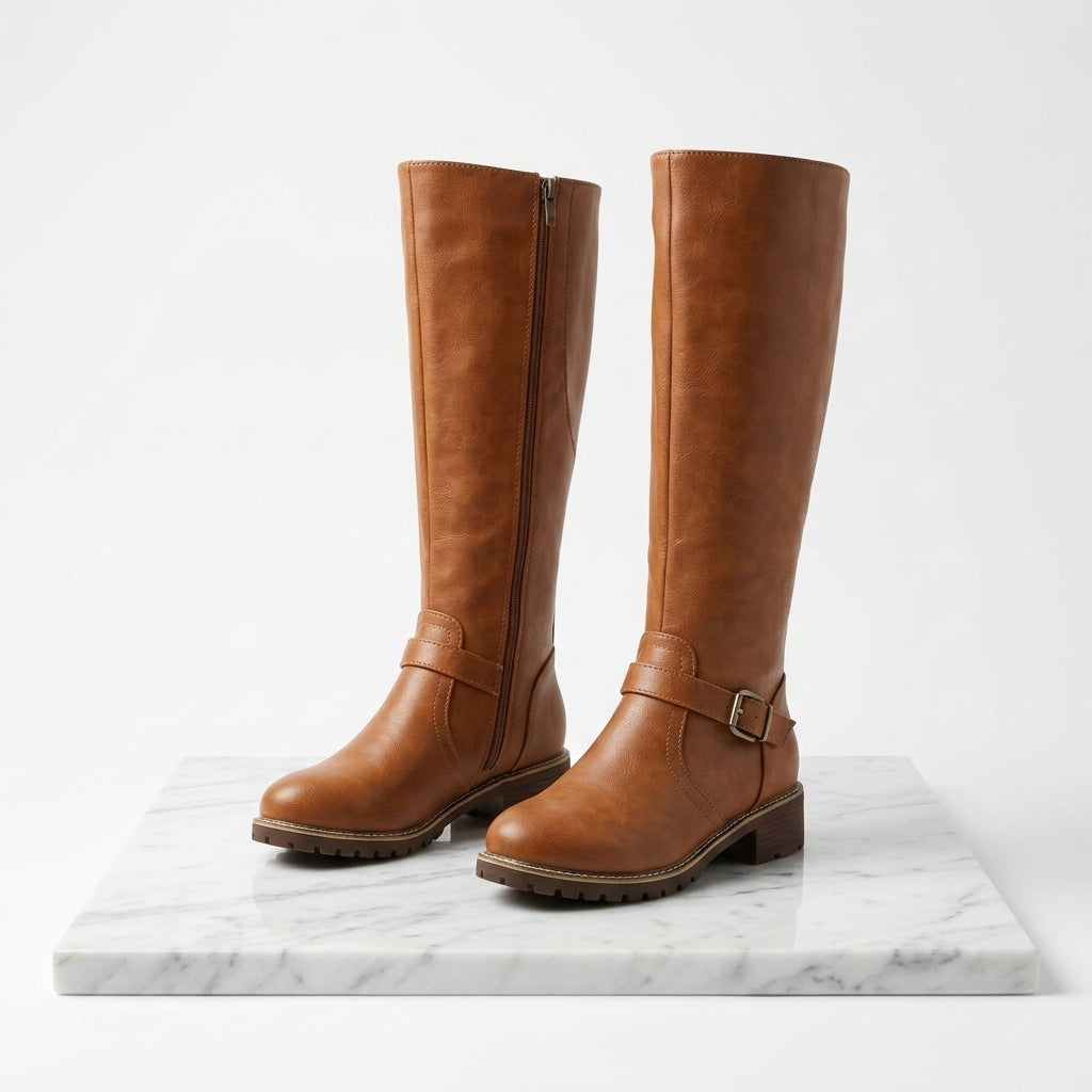 Women's Faux Leather Knee-High Boots – Buckle Detail Block Heel
