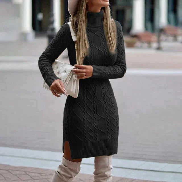 Women's Cable Knit Roll Neck Jumper Dress