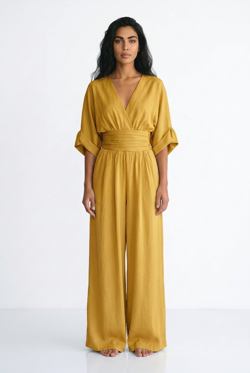 Women's Wide Leg Jumpsuit – V-Neck Belted Occasion