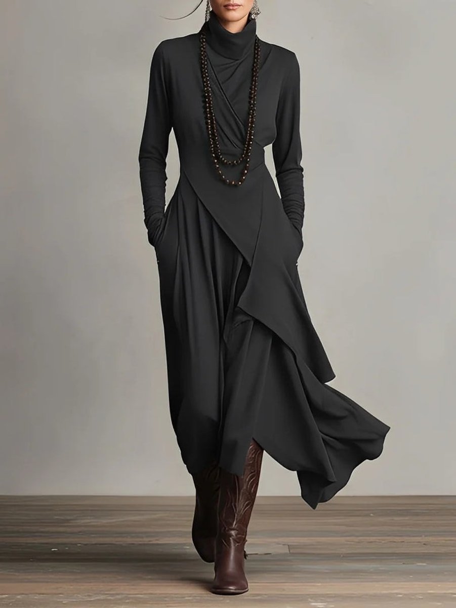 Women's Turtleneck Maxi Dress – Draped Asymmetric Hem – Black