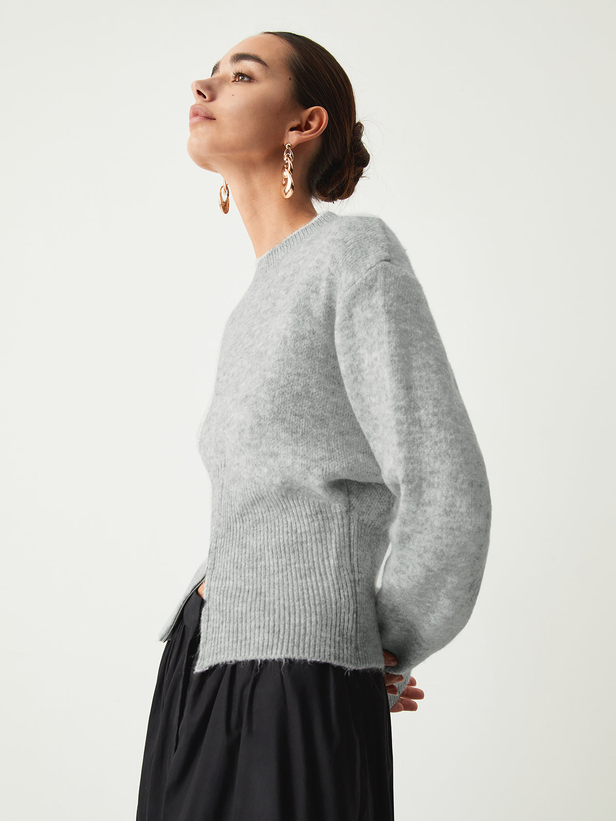 Women's Grey Half Zip Knit Jumper – Fitted Waist Ribbed Hem