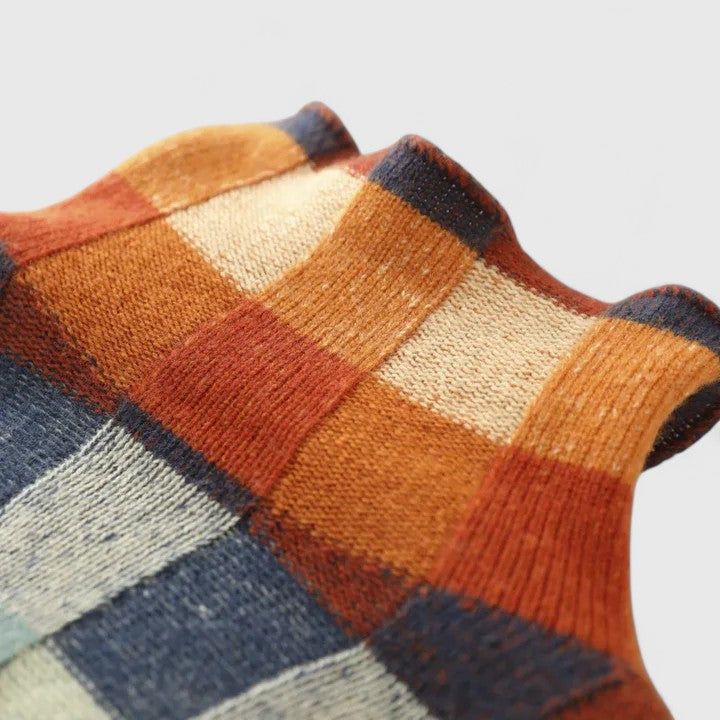 Women's Checkered Mock Neck Jumper – Colourblock Knit Sweater