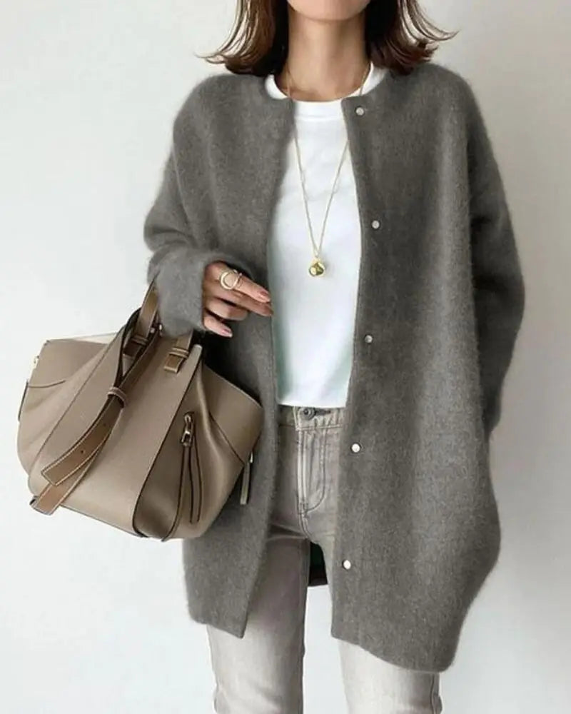 Women's Fluffy Knit Cardigan – Oversized Button-Front