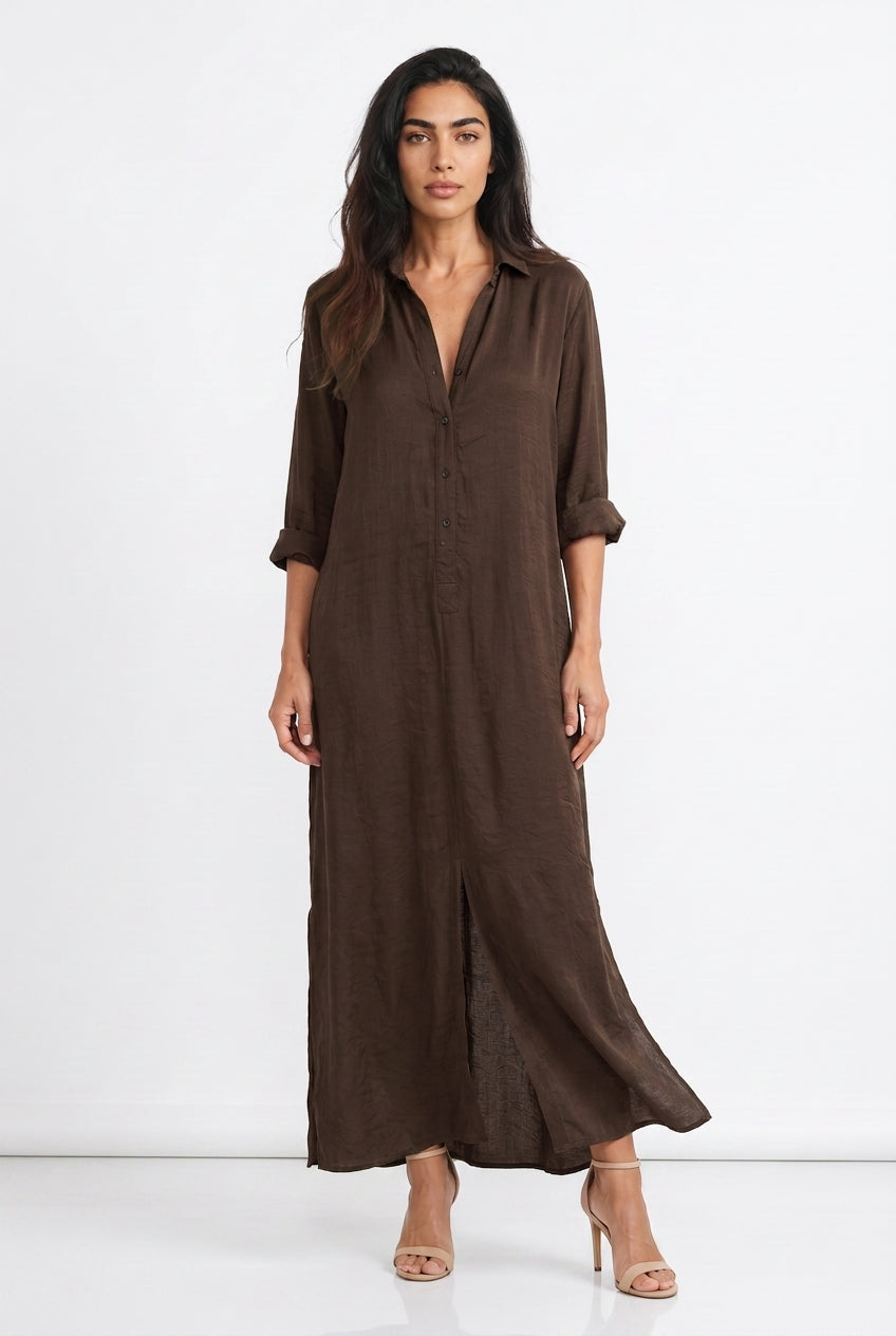 Women's Linen Shirt Dress – Long Sleeve Maxi Dress with Buttons