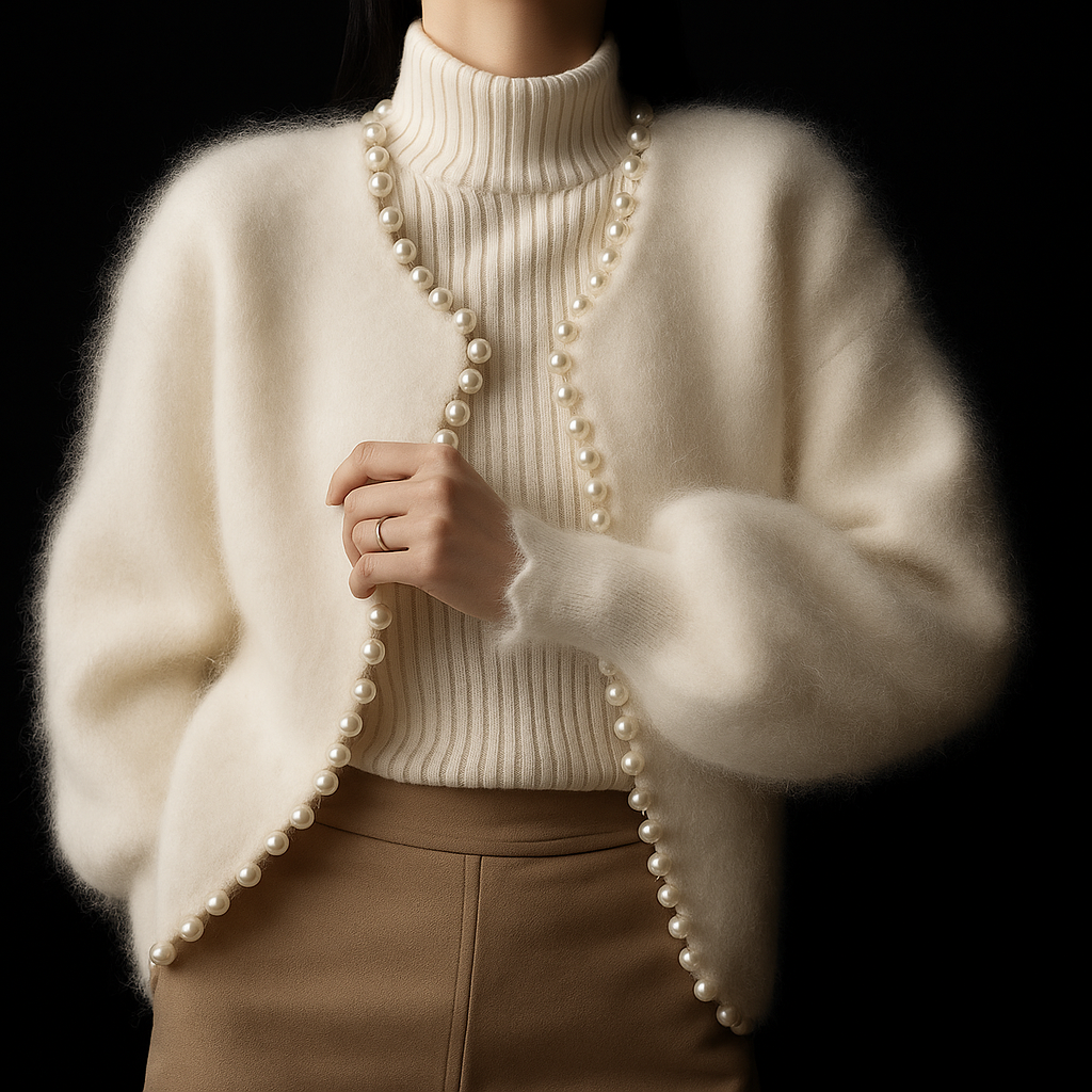 Women's Fluffy Knit Cardigan – Pearl-Trim Cropped Cardigan