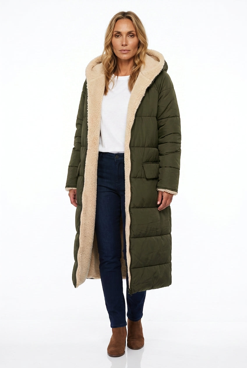Women's Longline Sherpa-Lined Puffer Coat with Hood