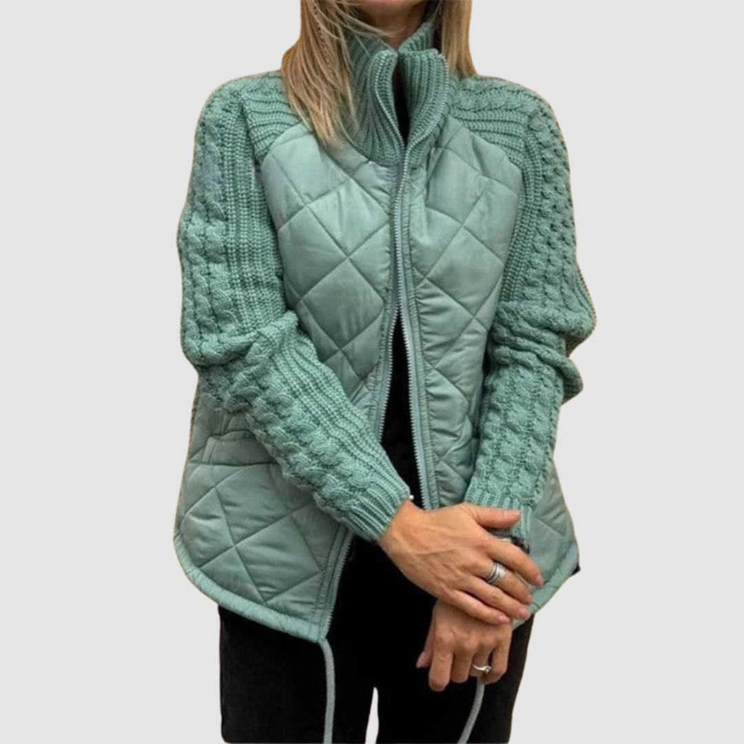 Women's Quilted Patchwork Jacket – Knit Sleeve Puffer Coat