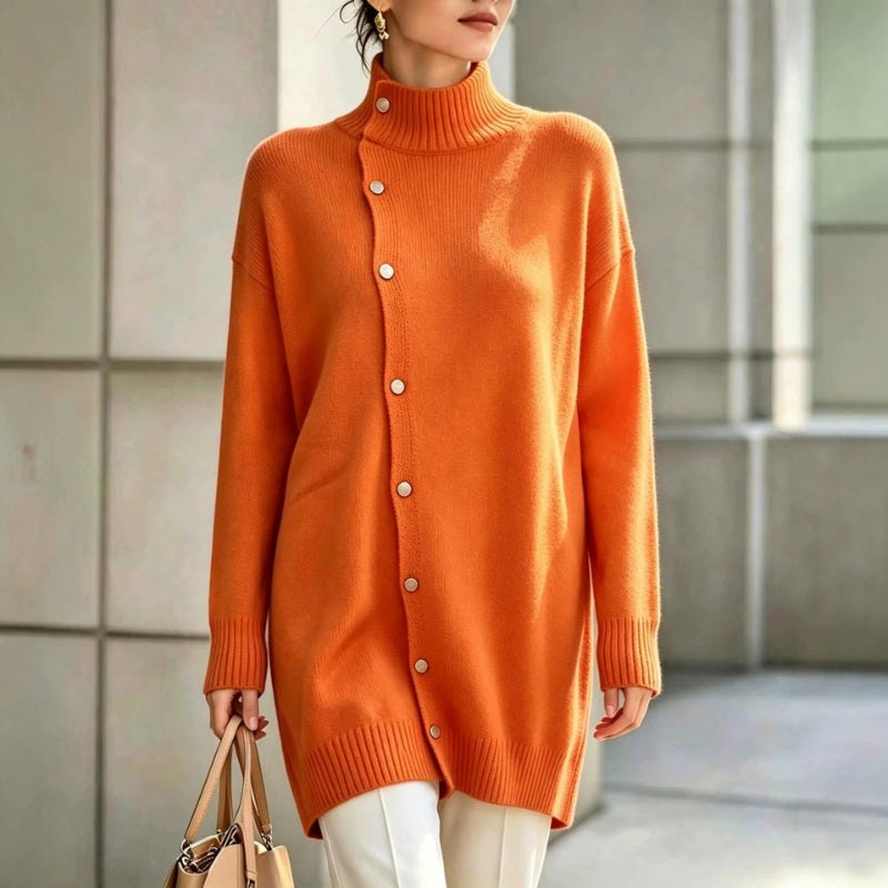 Women's Roll Neck Jumper – Asymmetric Button Front