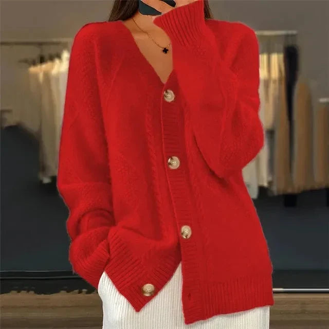 Women's Diamond Knit Cardigan – Button Front V-Neck Layer