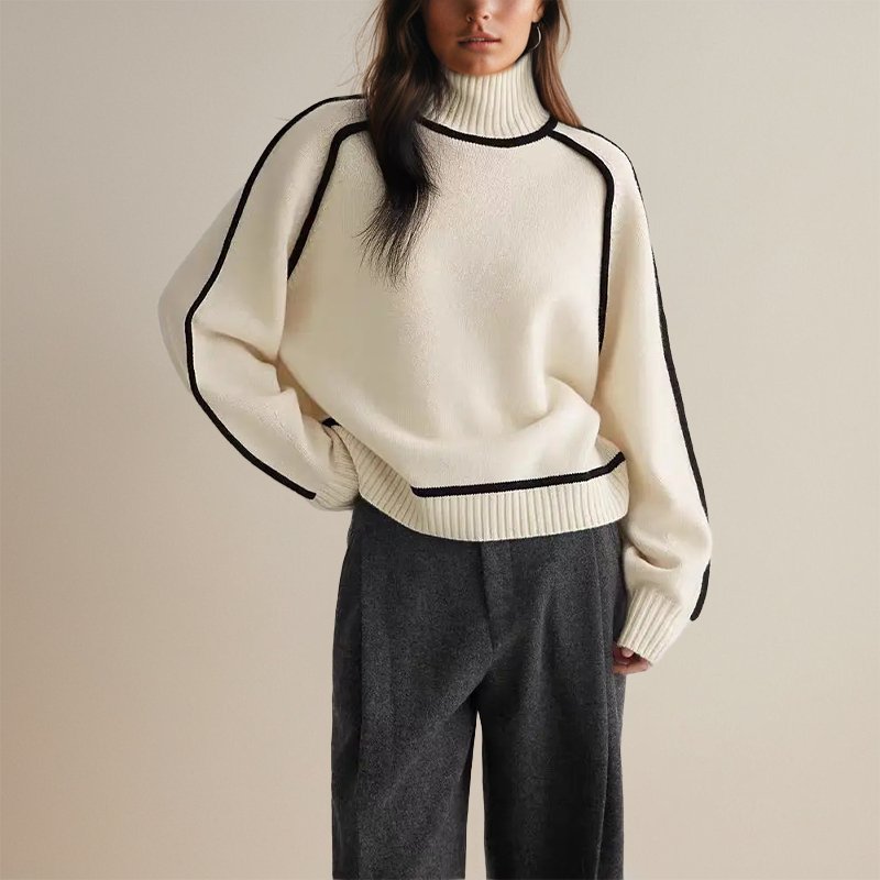Women's Colour-Block Roll Neck Jumper – Contrast Trim Knit