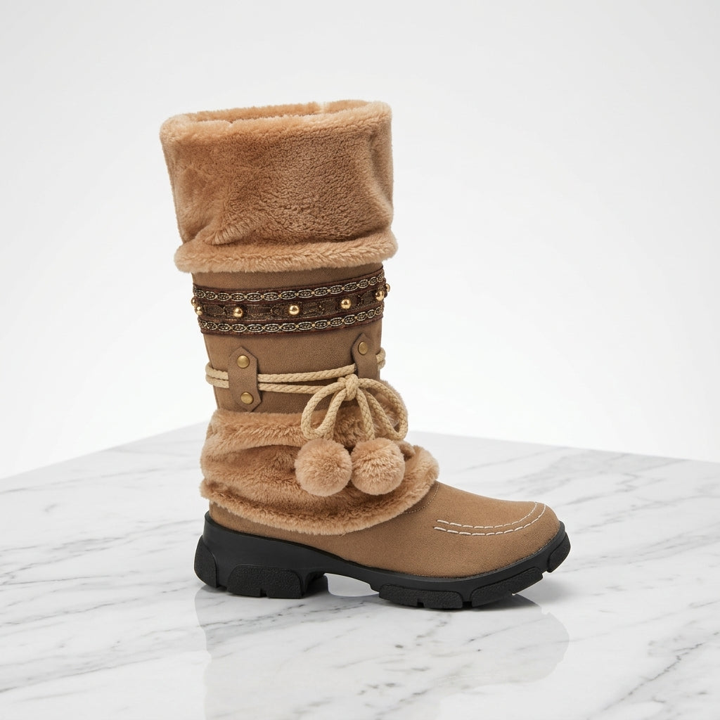 Women's Faux Fur Mid-Calf Winter Boots with Beaded Trim