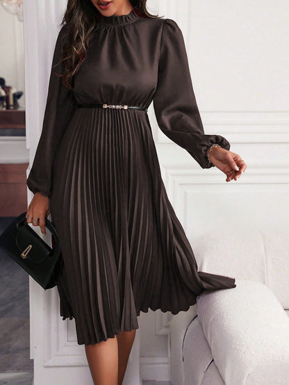 Women's Pleated Midi Dress – High Neck Long Sleeve