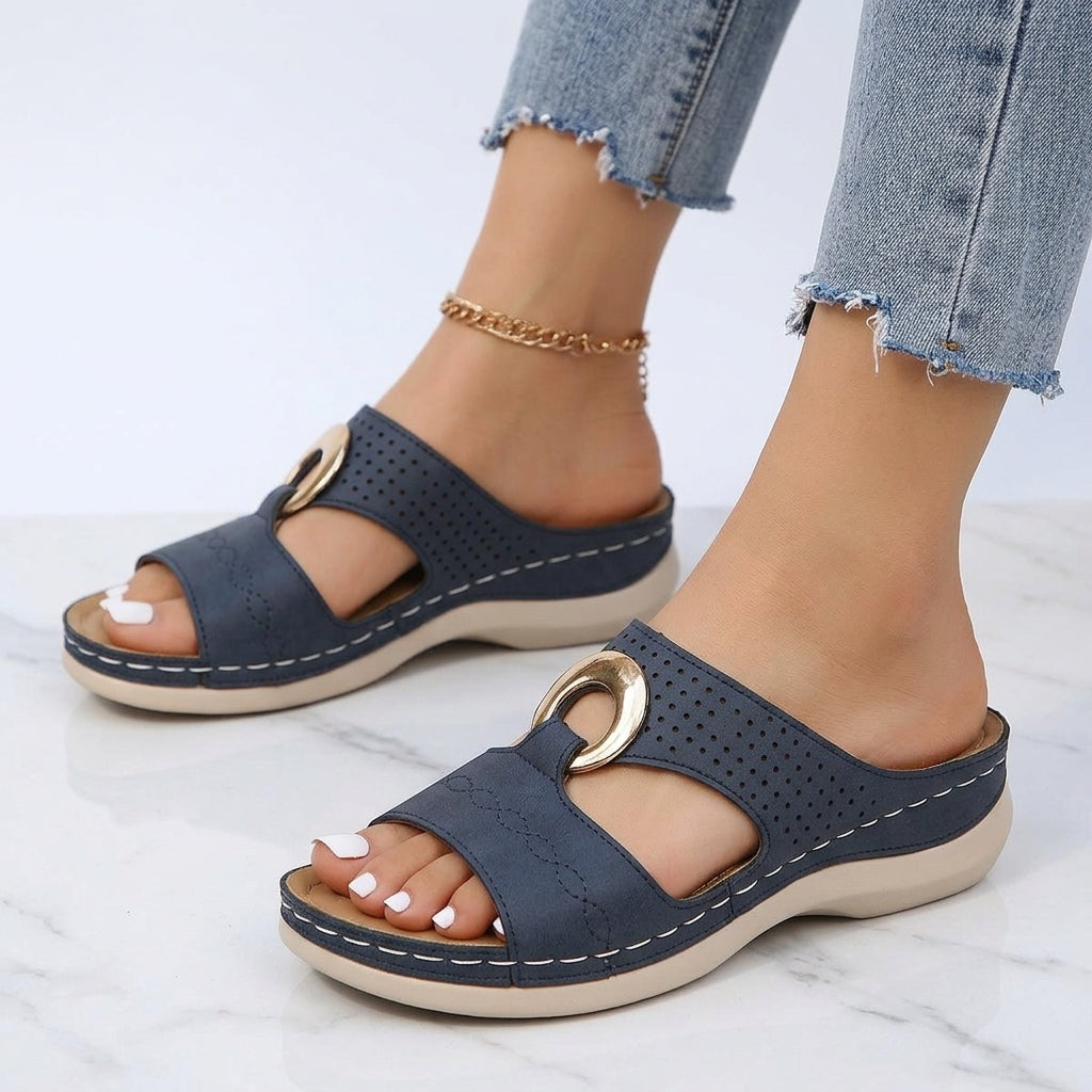 Women's Wedge Sandals – Buckle Detail, Cut-Out Slip-On Mules