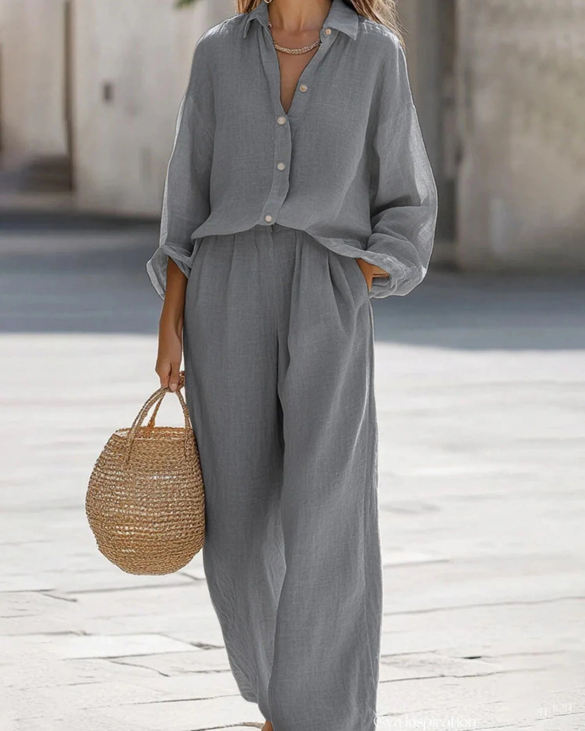 Women's Linen Co-ord Set – Long sleeve Shirt & Wide Leg Trousers