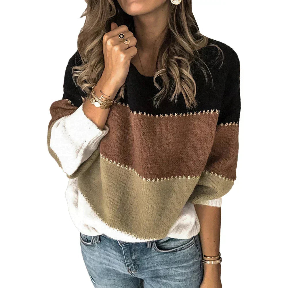 Women's Colour Block Crew Neck Jumper with Whipstitch Trim