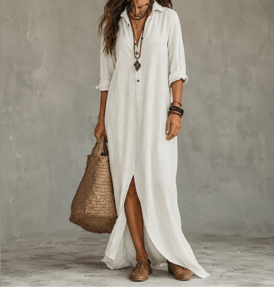 Women's Linen Shirt Dress – Long Sleeve Maxi Dress with Buttons